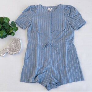 Entro | Alexis Pinstripe Round Neck Romper Chambray Blue Cotton Linen New Small
